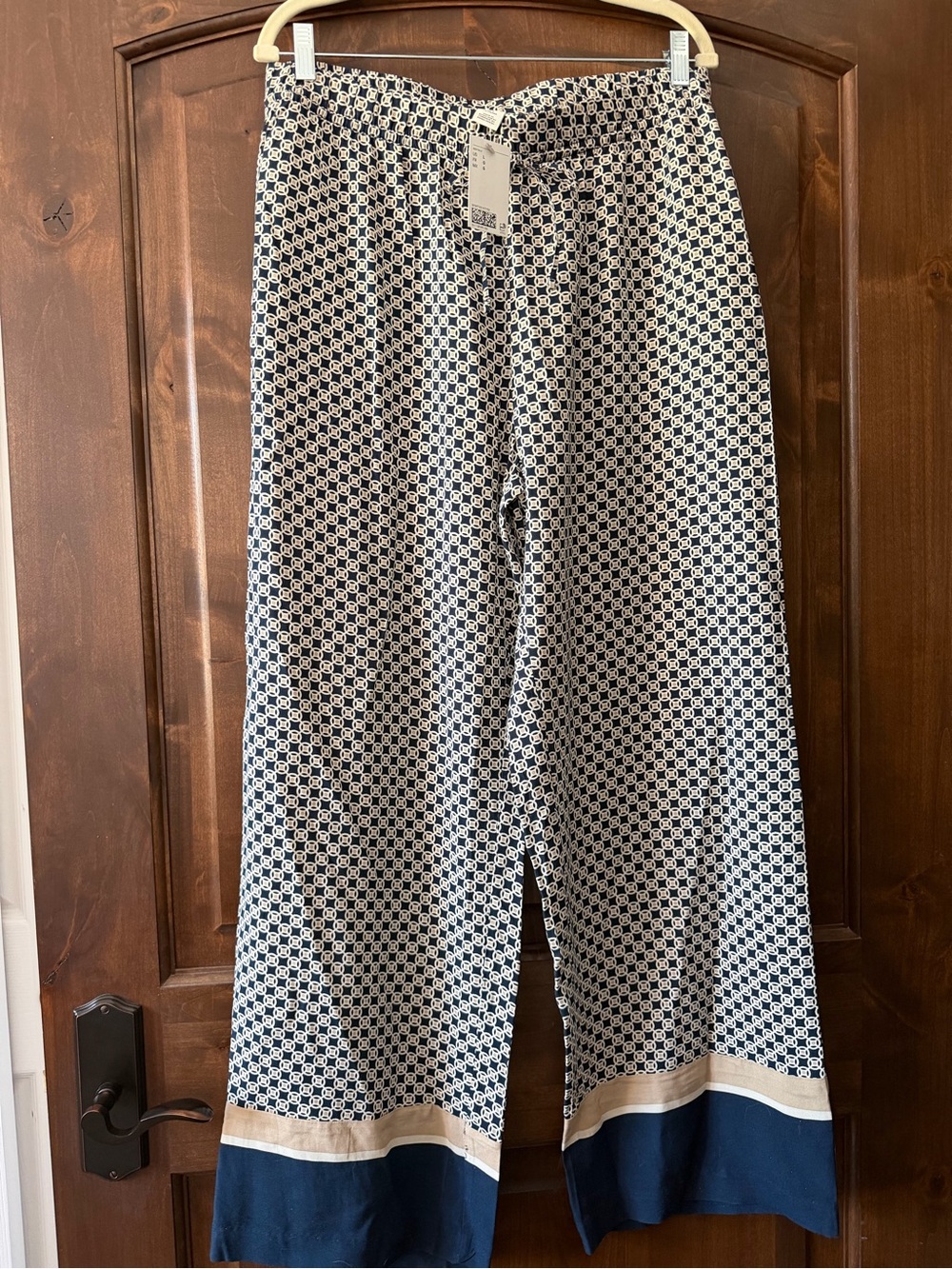 NWT H&M sz L Navy and camel Wide-Leg Patterned Pants w/ drawstring